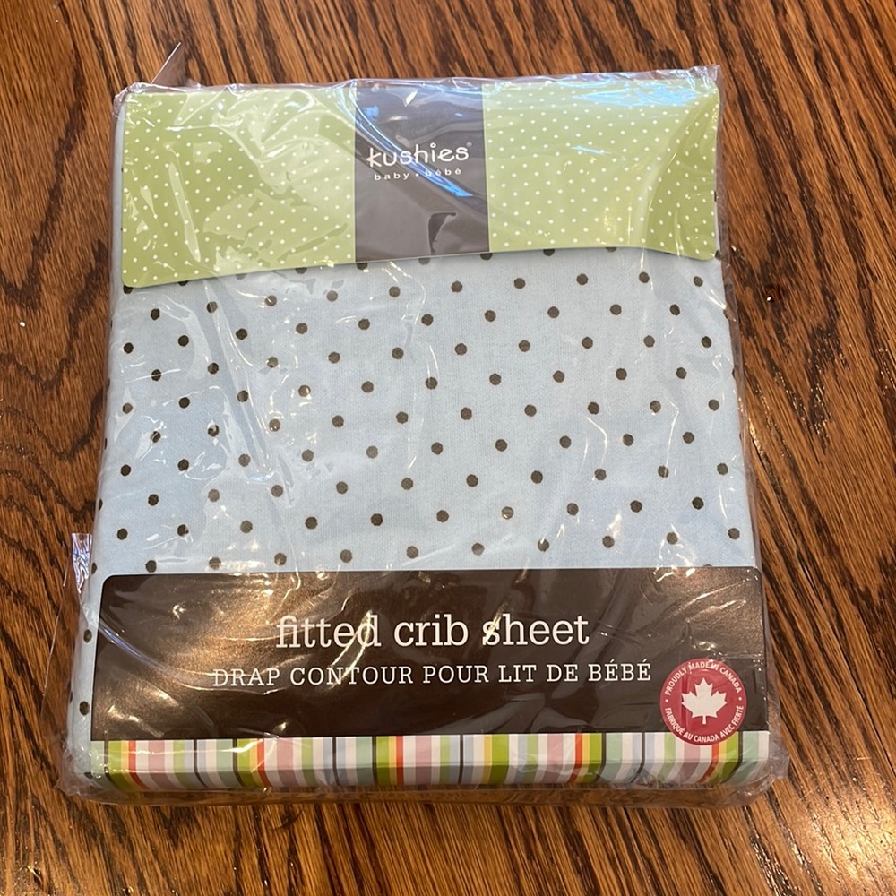 Brand new Kushies Fitted Crib Sheet Blue and Brown Polka Dot